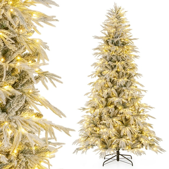 Patiojoy 8 FT Snow-flocked Artificial Christmas Tree Pre-lit Hinged Xmas Tree with 450 Warm White LED Lights