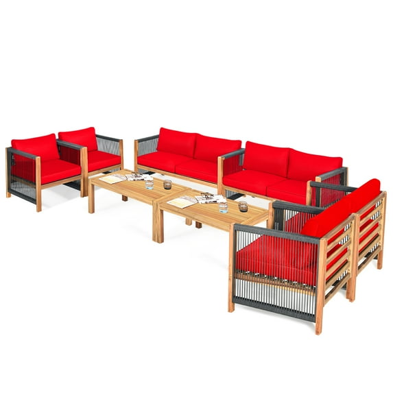 Patiojoy 8-Piece Outdoor Patio Wood Conversation Furniture Set Padded Chair with Coffee Table Red