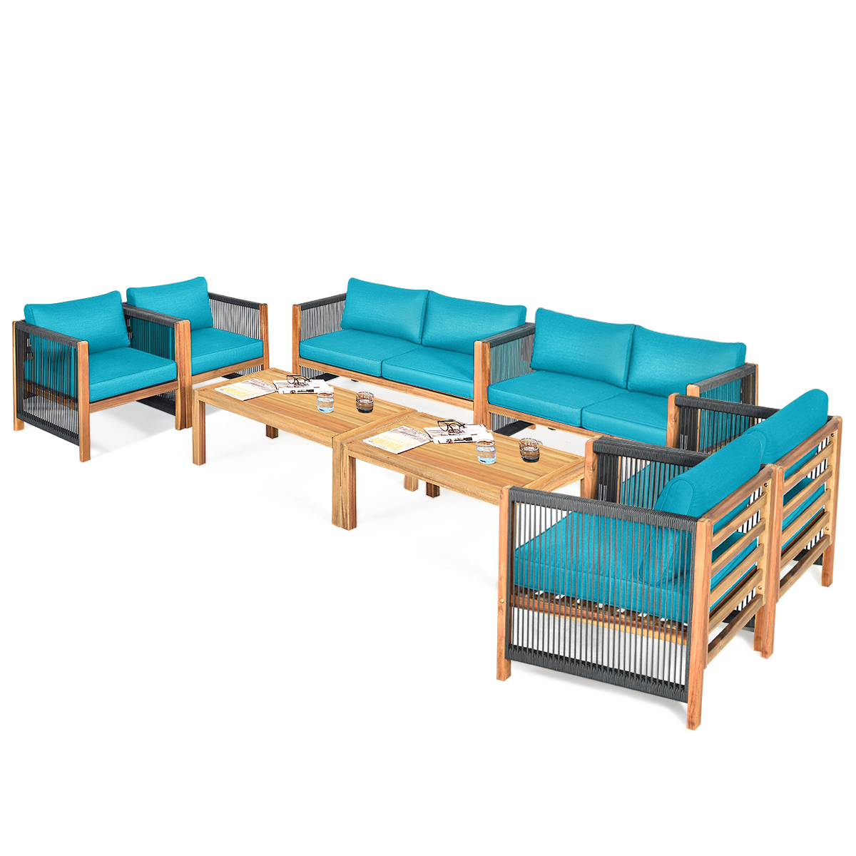 Patiojoy 8-Piece Outdoor Patio Wood Conversation Furniture Set Padded Chair with Coffee Table Turquoise - image 1 of 5