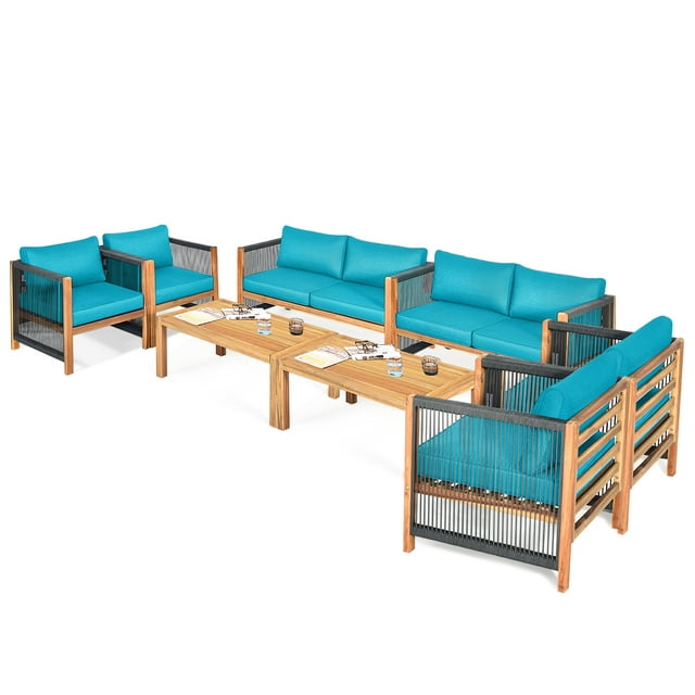 Patiojoy 8-Piece Outdoor Patio Wood Conversation Furniture Set Padded Chair with Coffee Table Turquoise