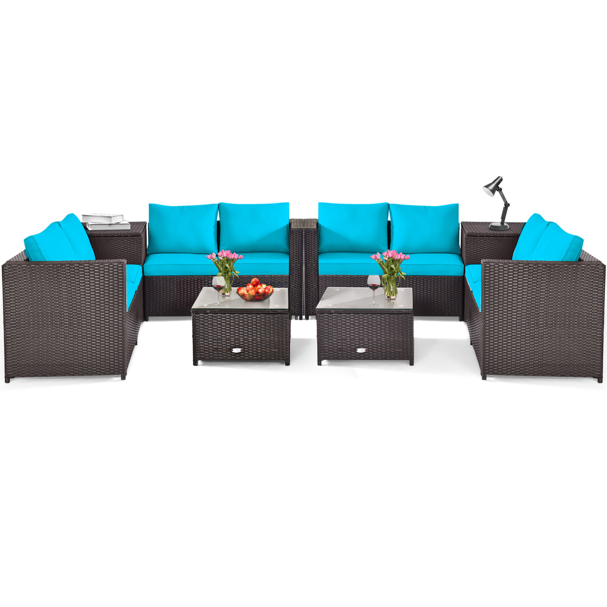 Patiojoy 8-Piece Outdoor Rattan Sectional Loveseat Couch Conversation Sofa Set with Storage Box &Coffee Table Turquoise - image 1 of 6