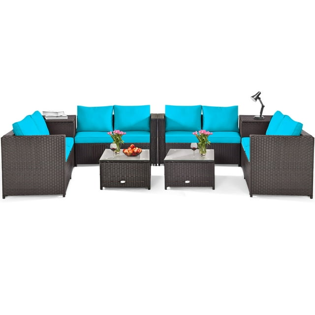 Patiojoy 8-Piece Outdoor Rattan Sectional Loveseat Couch Conversation Sofa Set with Storage Box &Coffee Table Turquoise