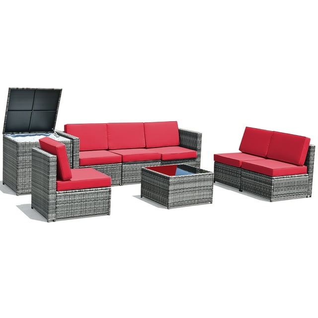 Patiojoy 8-Piece Outdoor Wicker Rattan Conversation Sofa Set w/ Storage Table Red