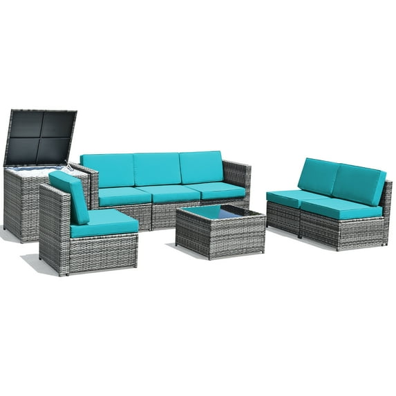 Patiojoy 8-Piece Outdoor Wicker Rattan Conversation Sofa Set w/ Storage Table Turquoise