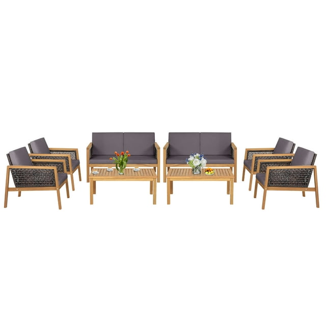 Patiojoy 8-Piece Patio Acacia Wood Furniture Set Outdoor PE Rattan Conversation Set with Removable Cushions Gray