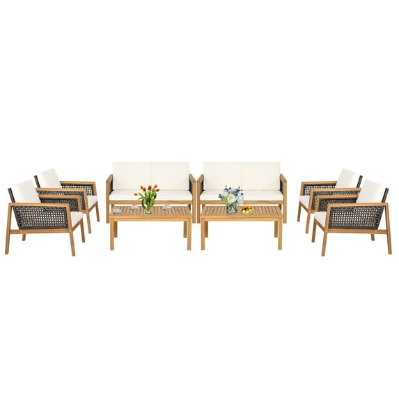 Patiojoy 8-Piece Patio Acacia Wood Furniture Set Outdoor PE Rattan Conversation Set with Removable Cushions Off White