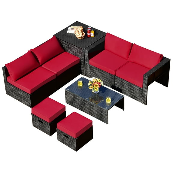 Patiojoy 8PCS Patio Conversation Set Sectional Sofa Set, All-Weather PE Rattan, Tempered Glass Table & Washable Cushion Covers Red