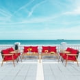 thumbnail image 1 of Patiojoy 8PCS Patio Outdoor Rattan Furniture Set Acacia Wood Frame Conversation Set w/Coffee Table Red, 1 of 8