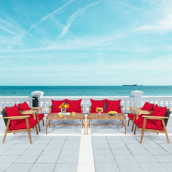 Patiojoy 8PCS Patio Outdoor Rattan Furniture Set Acacia Wood Frame Conversation Set w/Coffee Table Red
