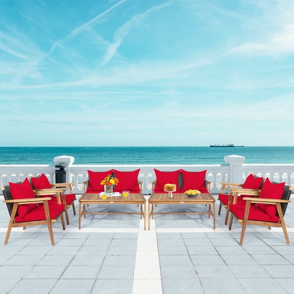 Patiojoy 8PCS Patio Outdoor Rattan Furniture Set Acacia Wood Frame Conversation Set w/Coffee Table Red