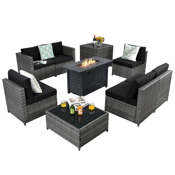 Patiojoy 9 PCS Rattan Dinning Set Wicker Sofa w/Propane Gas Fire Pit 60,000 Btu Heater Black