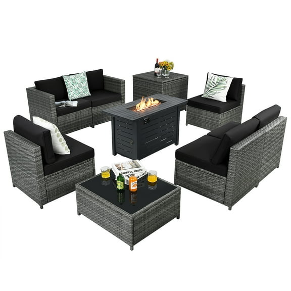 Patiojoy 9 PCS Rattan Dinning Set Wicker Sofa w/Propane Gas Fire Pit 60,000 Btu Heater Black
