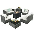 thumbnail image 1 of Patiojoy 9 PCS Rattan Dinning Set Wicker Sofa w/Propane Gas Fire Pit 60,000 Btu Heater Off White, 1 of 10