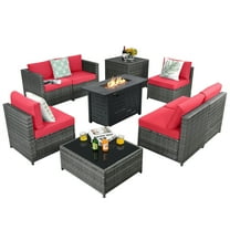 Patiojoy 9 PCS Rattan Dinning Set Wicker Sofa w/Propane Gas Fire Pit 60,000 Btu Heather Red