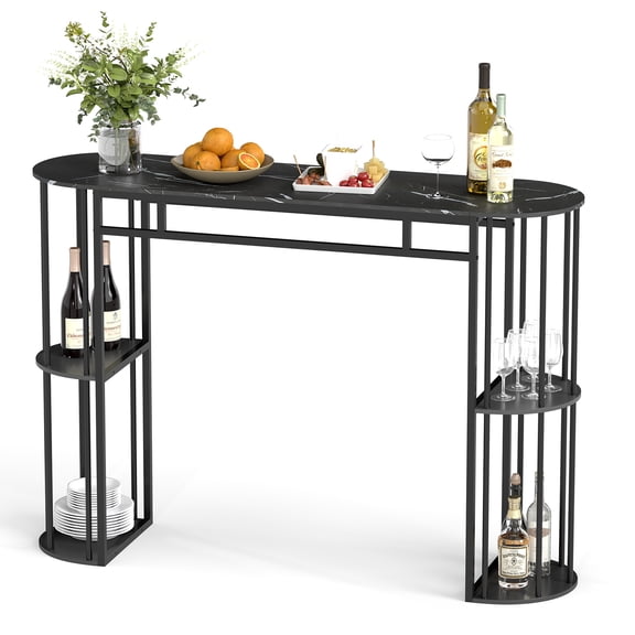 Patiojoy Bar Table 60-Inch Long Pub Rectangular High Top Pub Table with 4 Storage Shelves and Faux Marble Tabletop Black