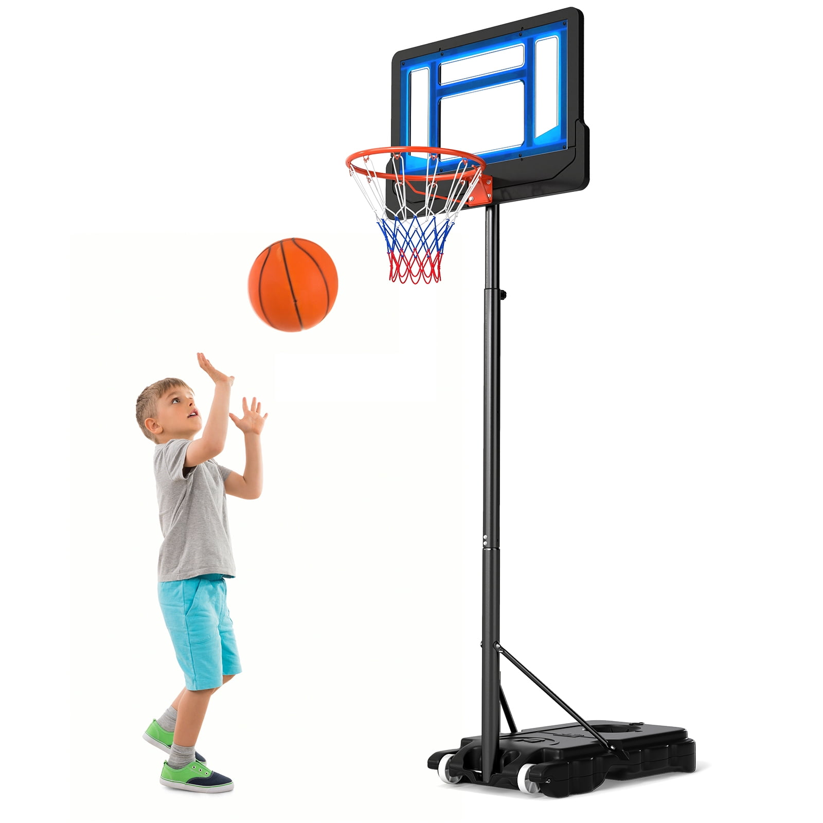 Patiojoy Basketball Hoop Portable Basketball Stand with Rolling Wheels 4.3-8.2FT Adjustable Height PE Backboard Fillable Base Blue