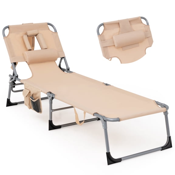 Patiojoy Beach Lounge Chair Reclining Chair with 5 Adjustable Positions Detachable Pillow &Hand Ropes Beige