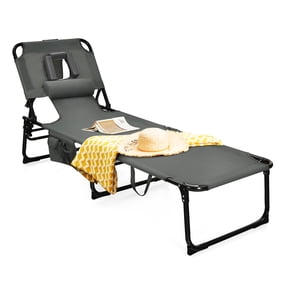 Patiojoy Beach Lounge Chair Reclining Chair with 5 Adjustable Positions Detachable Pillow &Hand Ropes Gray