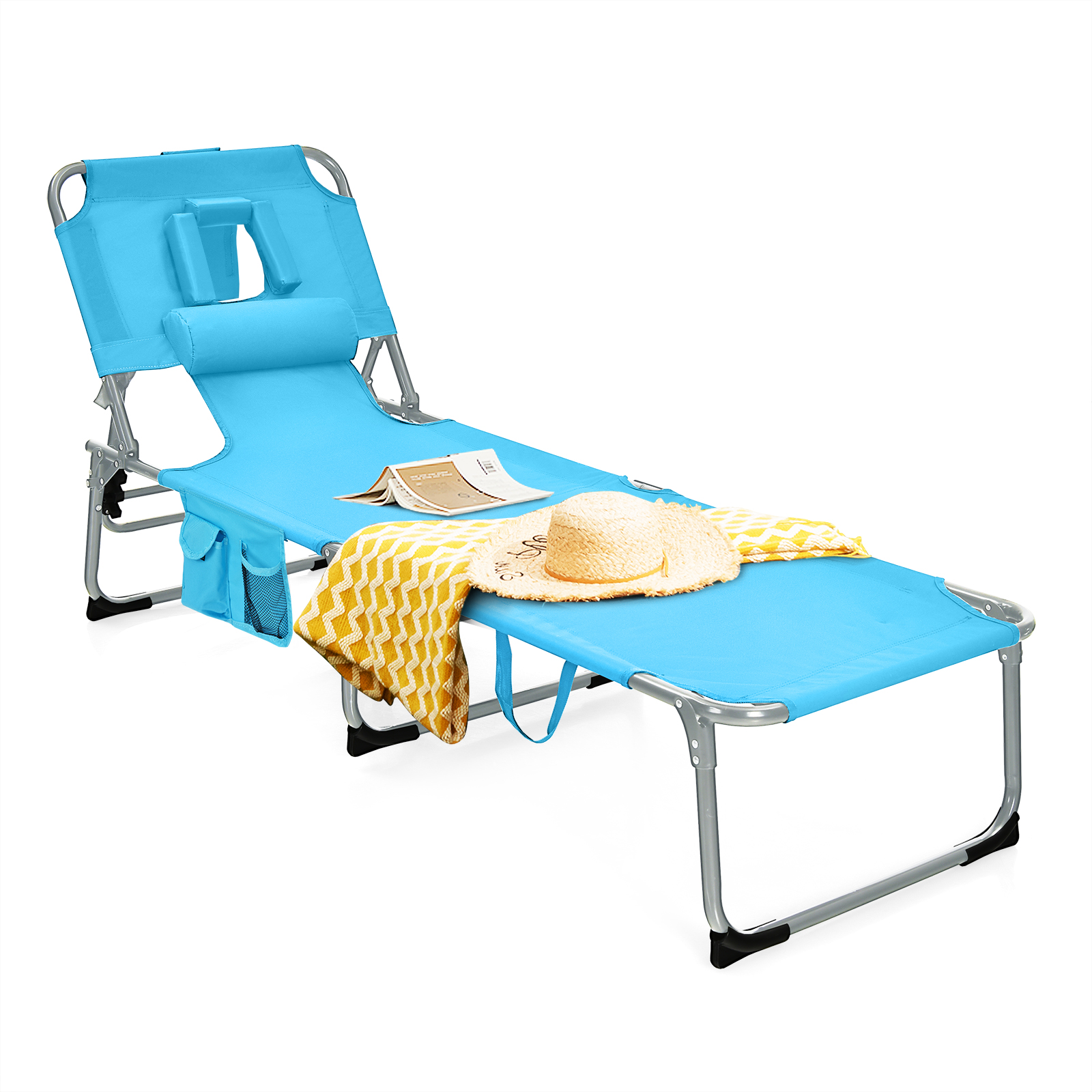 Patiojoy Beach Lounge Chair Reclining Chair with 5 Adjustable Positions Detachable Pillow &Hand Ropes Turquoise - image 1 of 10