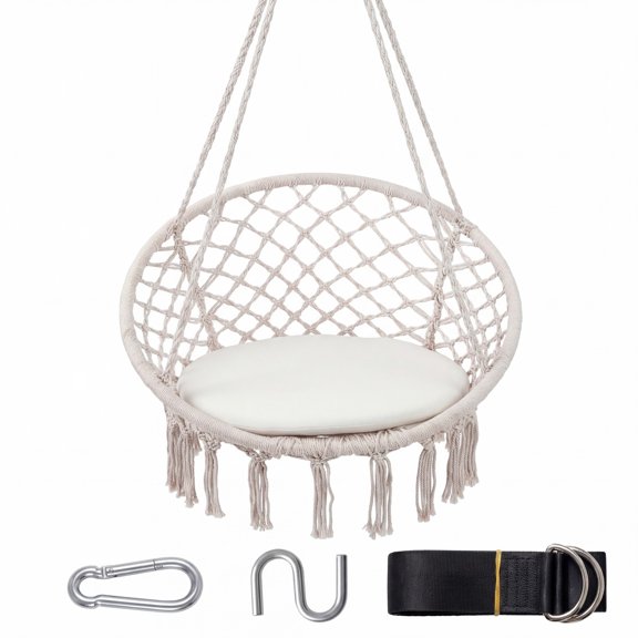 Patiojoy Boho Hammock Chair Macrame Hanging Chair with Round Seat Cushion Strong Polyester Cotton Ropes and Metal Rings Beige