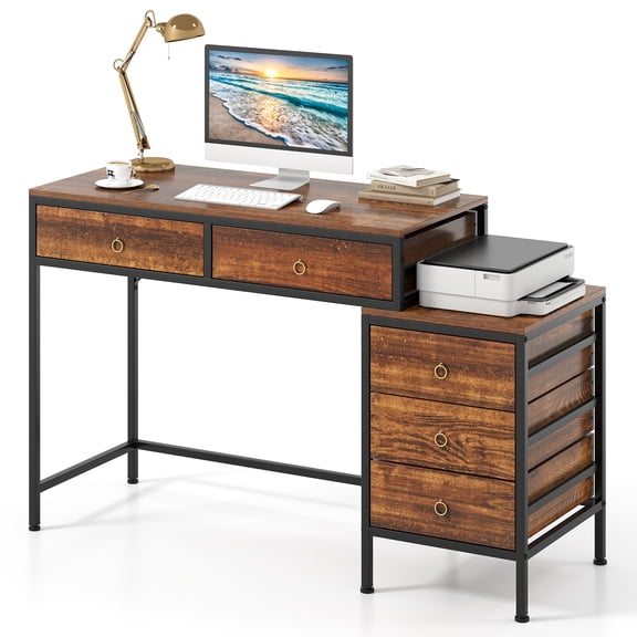 Patiojoy Computer Desk with 5 Drawers Home Office Desk with File Cabinet Printer Stand Rustic Brown