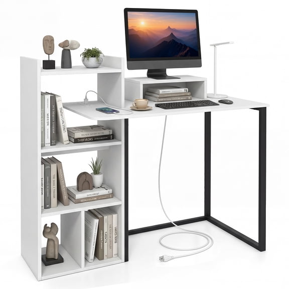 Patiojoy Computer Desk with Power Outlets 43.5" Gaming Writing Desk with Monitor Stand for Home Office and Study Room