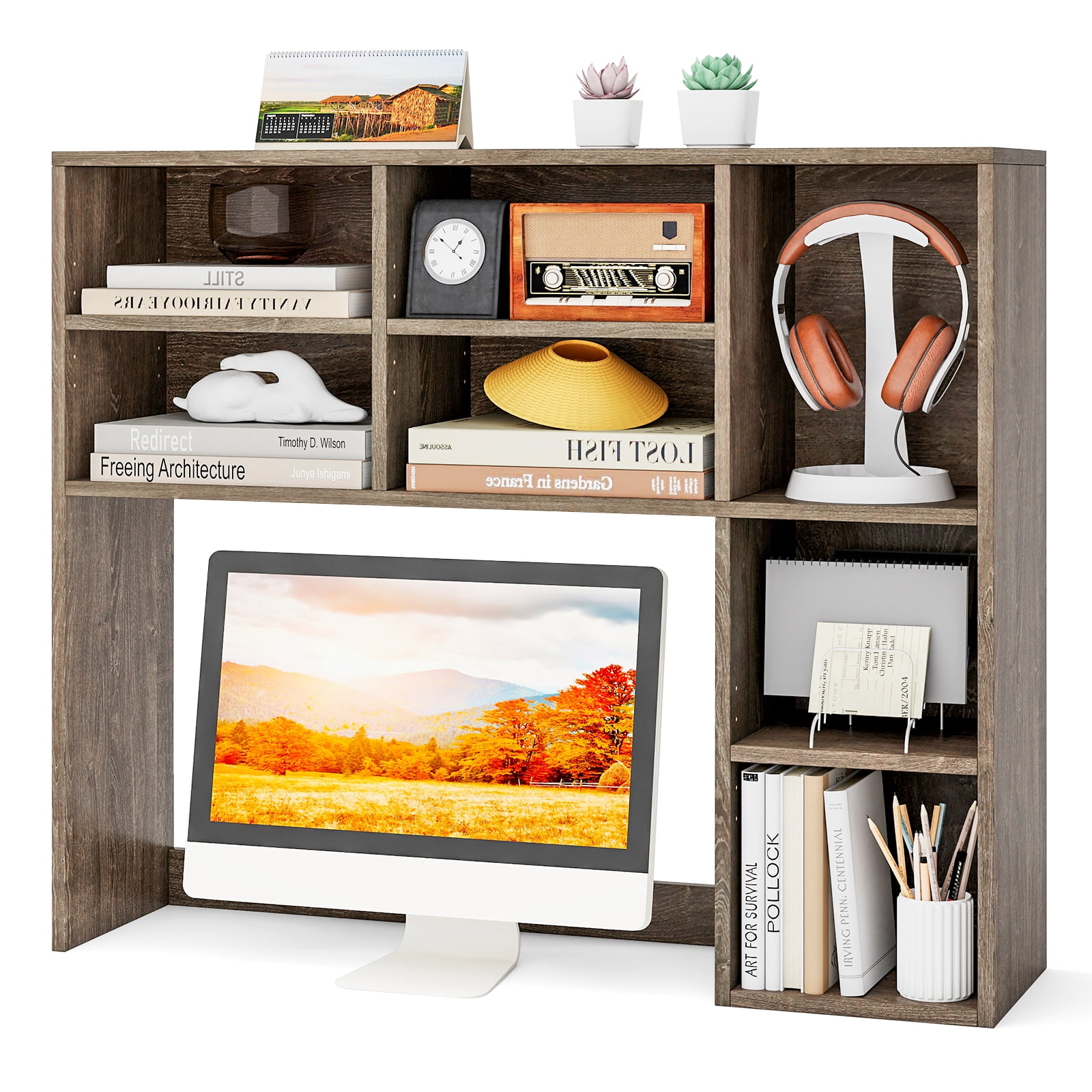 Patiojoy Desktop Bookshelf 37" Countertop Storage Hutch with 7 Cubes & 3 Adjustable Shelves 3-Tier Desk Display Rack Organizer Desktop Hutch Oak
