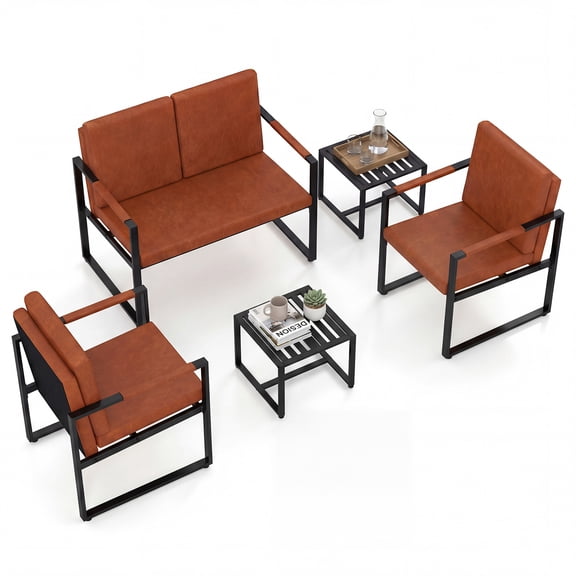 Patiojoy Faux Leather Living Room Sofa Set 5 Piece Living Room Furniture Set Includes 2-Seater Loveseat 2 Accent Chairs & 2 Coffee Tables Brown