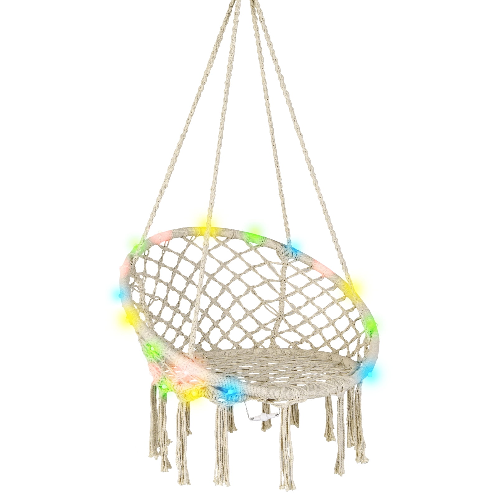 Patiojoy Hammock Chair Macrame Swing, Patio Hanging Hammock Chair W/ LED Lights, Hanging Cotton Rope Hammock Swing Chair for Indoor & Outdoor