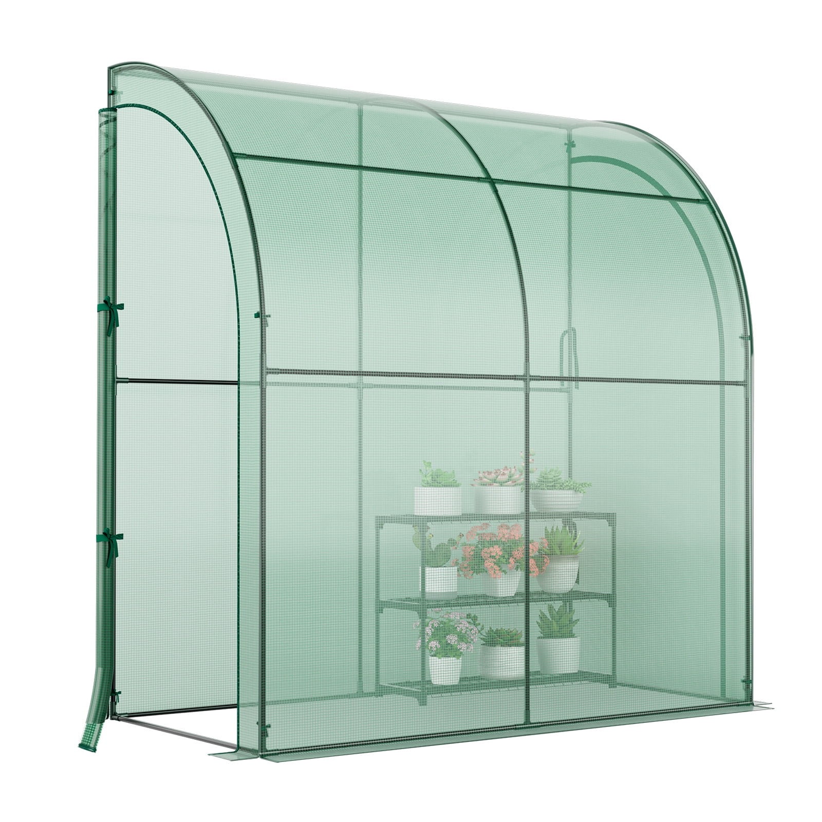 Patiojoy Lean-To Walk-In Greenhouse with Flower Rack 7’ x 3.5’ x 7’ Wall Green House with Roll-Up Doors Waterproof PE Cover & Metal Frame