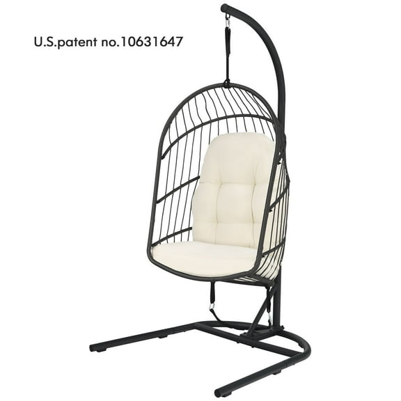 Patiojoy Modern Rattan Hanging Egg Swing Chair w/Stand Foldable Cushioned Hammock Beige