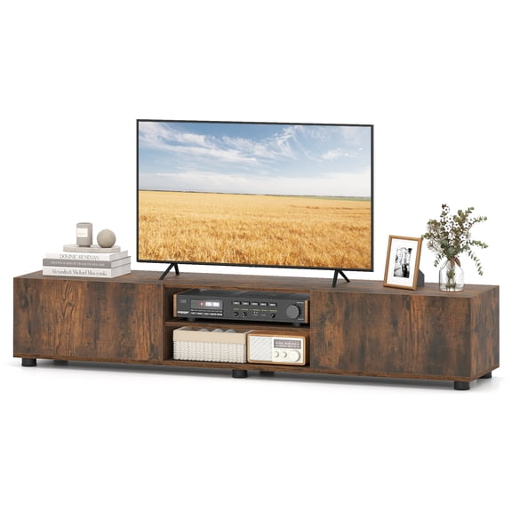 Patiojoy Modern TV Stand for up to 70" TVs Minimalist Entertainment Center with 2 Doors & Open Shelves Rustic Brown