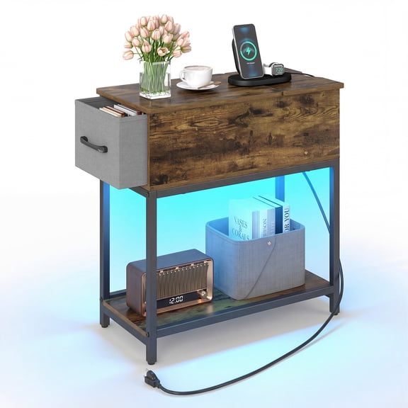 Patiojoy Narrow Side Table with Charging Station End Table with LED Lights