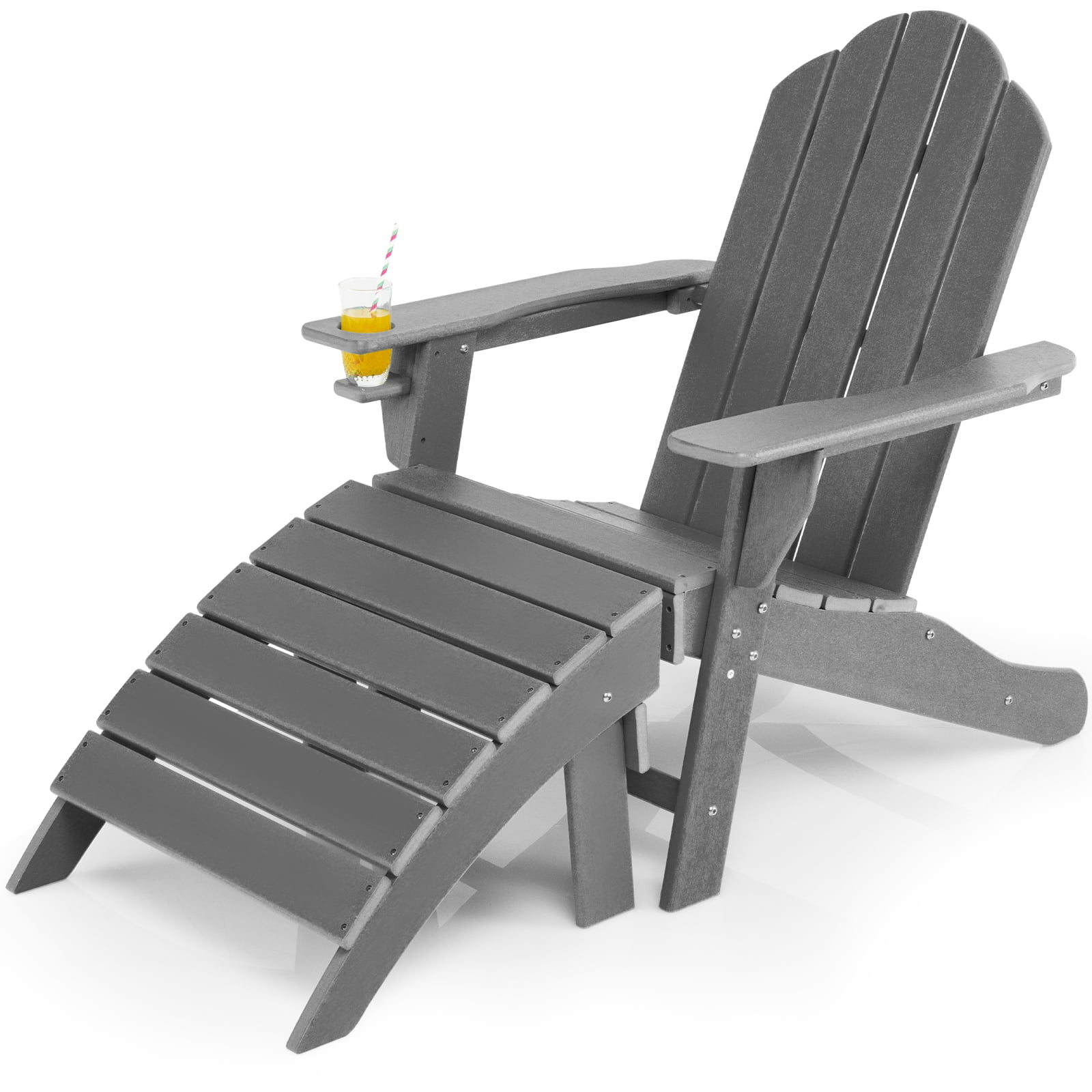 Patiojoy Outdoor Adirondack Chair W/Ergonomic Design&Ottoman Lounge Armchair HDPE chair for Yard