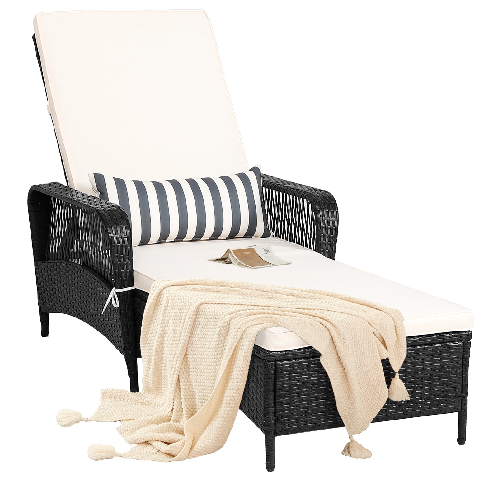 Patiojoy Outdoor Chaise Rattan Lounge Chair Patio Reclining Chair w/6