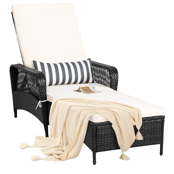BLACK JAGUAR Outdoor Chaise Rattan Lounge Chair Patio Reclining Chair w/6 Positions Adjustable Backrest
