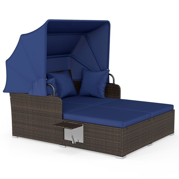 Patiojoy Outdoor Daybed with Retractable Canopy PE Rattan Sunbed with Soft Cushions & Pillows 2 Folding Side Trays Navy