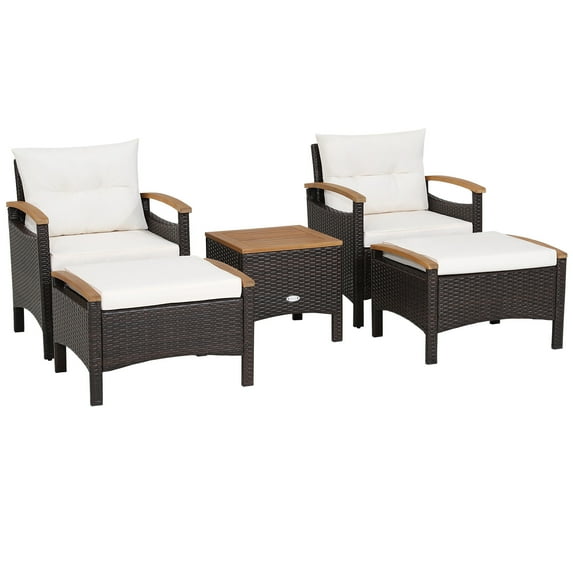 BLACK JAGUAR Outdoor Patio 5PCS Rattan Conversation Furniture Set Acacia Wood Frame Chair with Coffee Table & 2 Ottomans for Backyard&Poolside