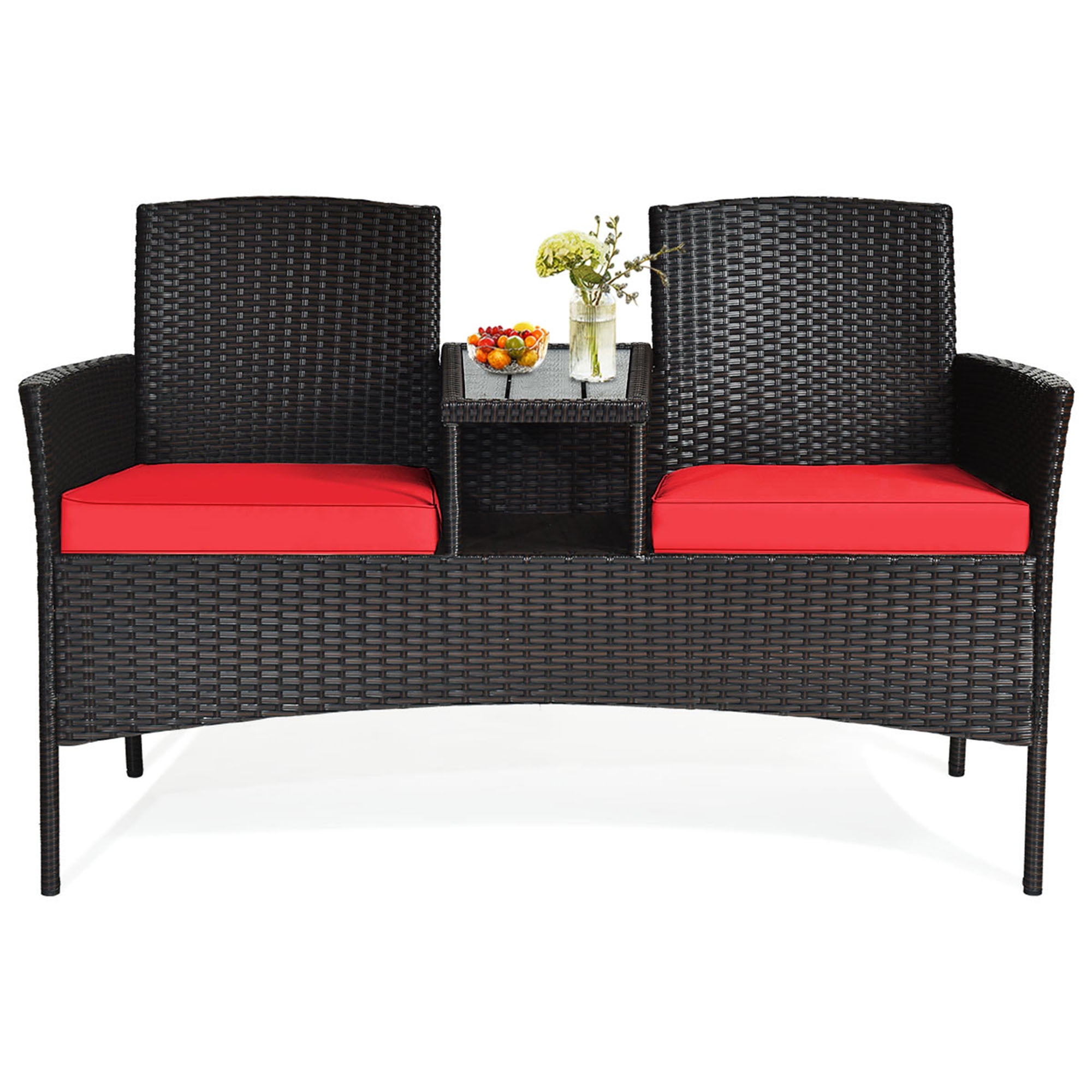 Compact Black Wicker Patio Loveseat with Red Cushions and Glass Table