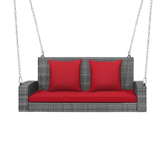 Patiojoy Outdoor Porch Swing Bench, Patio Wicker Hanging Swing with Rustproof Chains & Comfortable Cushions Red