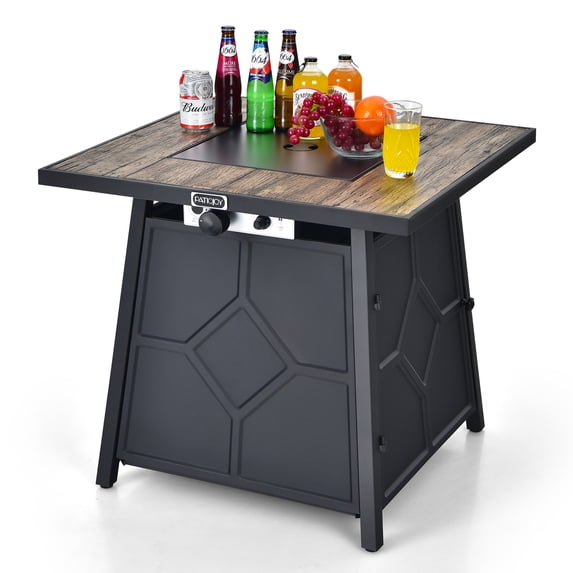 Patiojoy Outdoor Propane Fire Pit Table 28’’ Square Gas Fire Table with Removable Lid Lava Stone