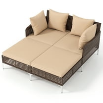 Patiojoy Outdoor Rattan Double Daybed Wicker Chaise Lounge for 2 w/ Seat & Back Cushions Beige