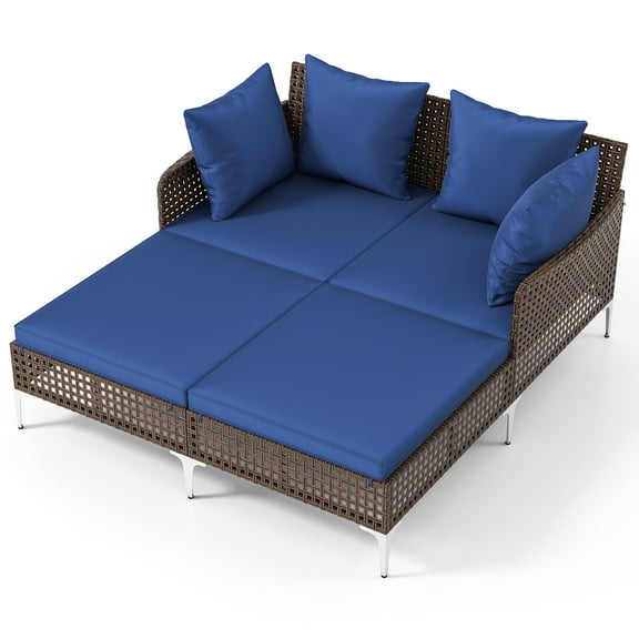 Patiojoy Outdoor Rattan Double Daybed Wicker Chaise Lounge for 2 w/ Seat & Back Cushions Navy