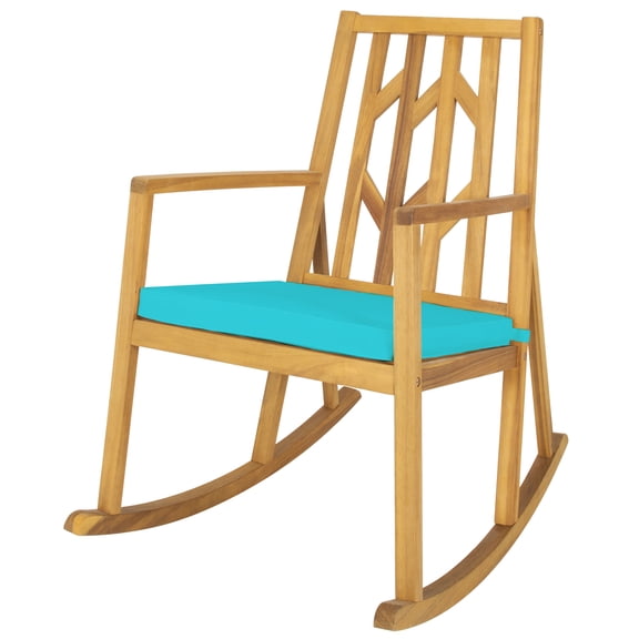 Patiojoy Outdoor Rocking Chair Acacia Wood Armrest Cushioned Sofa W/Removable High-Density Cushion for Garden Turquoise