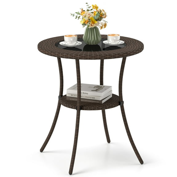 Patiojoy Outdoor Side Table with Storage PE Wicker Patio Bistro Table with Tempered Glass Tabletop