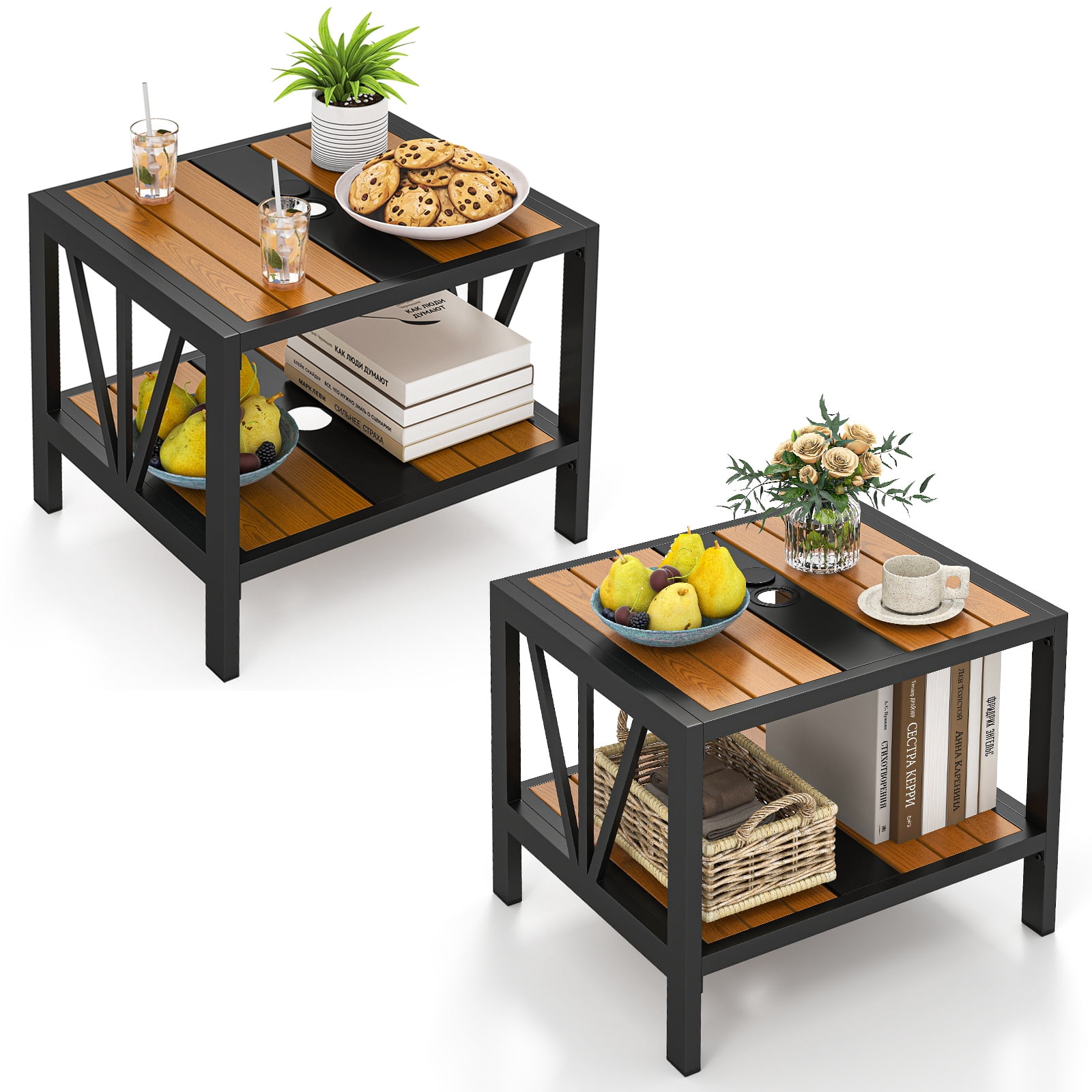 Patiojoy Outdoor Side Table with 1.57" Umbrella Hole 2-Tier Patio Metal ...