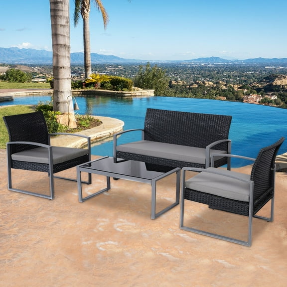 Patiojoy Outdoor Wicker 4 Pieces Conversation Set PE Rattan Chairs and Table