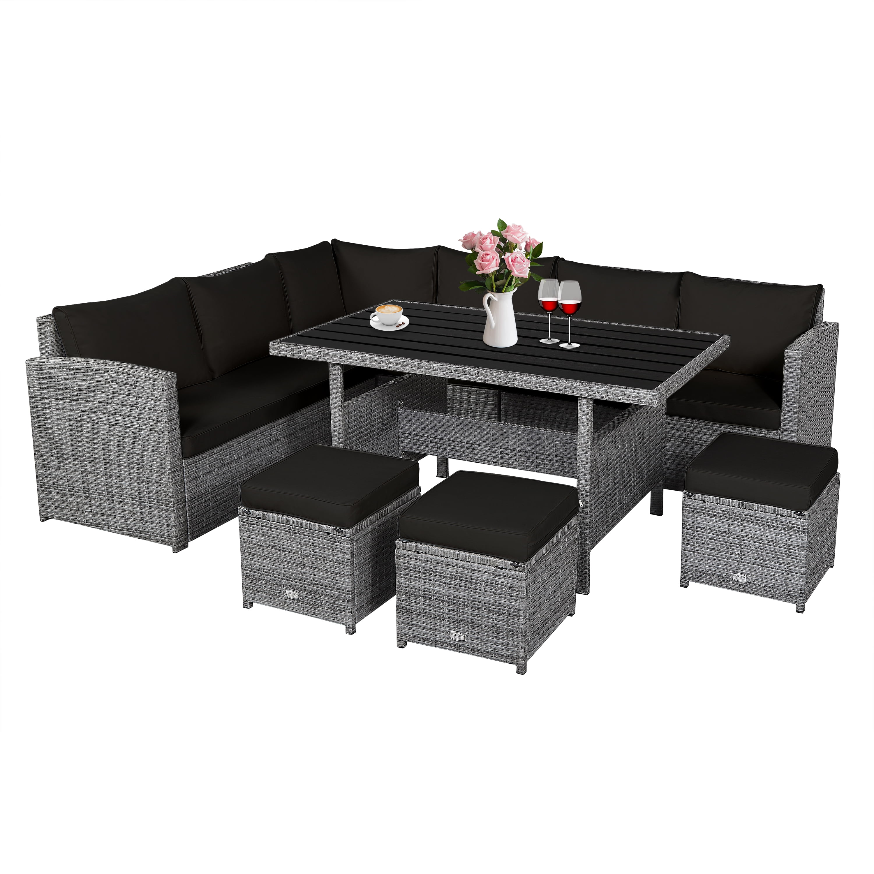 Patiojoy Outdoor Wicker Coversation Set, 7 Piece, with Black Cushions