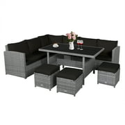 Patiojoy Outdoor Wicker Coversation Set, 7 Piece, with Black Cushions