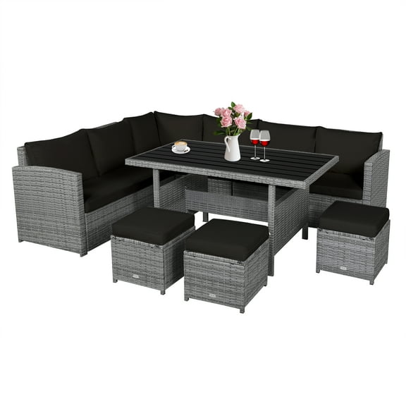 Patiojoy Outdoor Wicker Coversation Set, 7 Piece, with Black Cushions